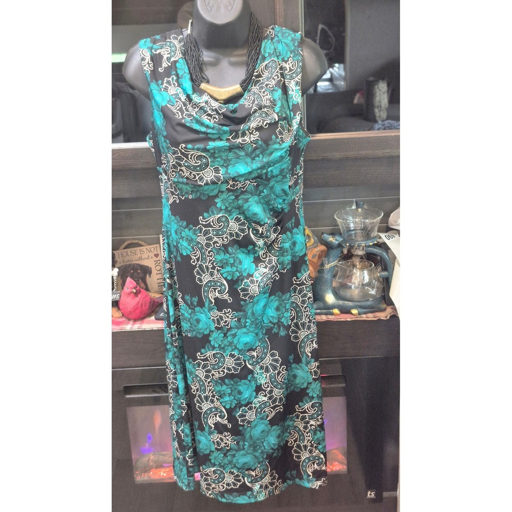 Connected Apparel Teal Black Floral Cowl Neck Ruched Sheath Dress Womens 12 - Picture 3 of 12